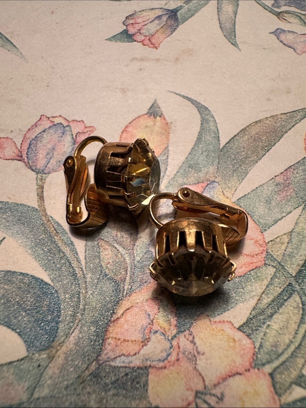 Vintage-Gold-Tone Clip-On Earrings with Clear Crystal Accents